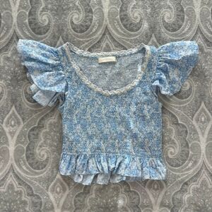 LoveShackFancy Milta Blue Floral Ruffled Cotton Top